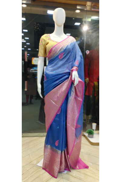 Silk Linen Saree With All Over Contrast Color Embroidery Cutwork And Mirror Work Design On All Over Body - Also Has Contrast Color Traditional Benarasi Zari Weaving Border And Pallu (KR2291)